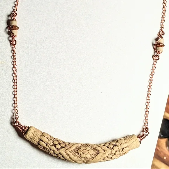 Vintage Embossed Ceramic Bar Necklace Artisan Crafted Jewelry Pure Copper Chain - Picture 13 of 16